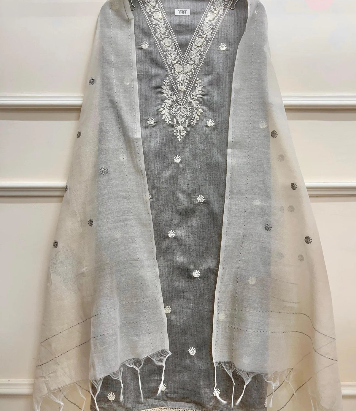 Grey Khadi Cotton Unstitched Embroidered -Set Of 3