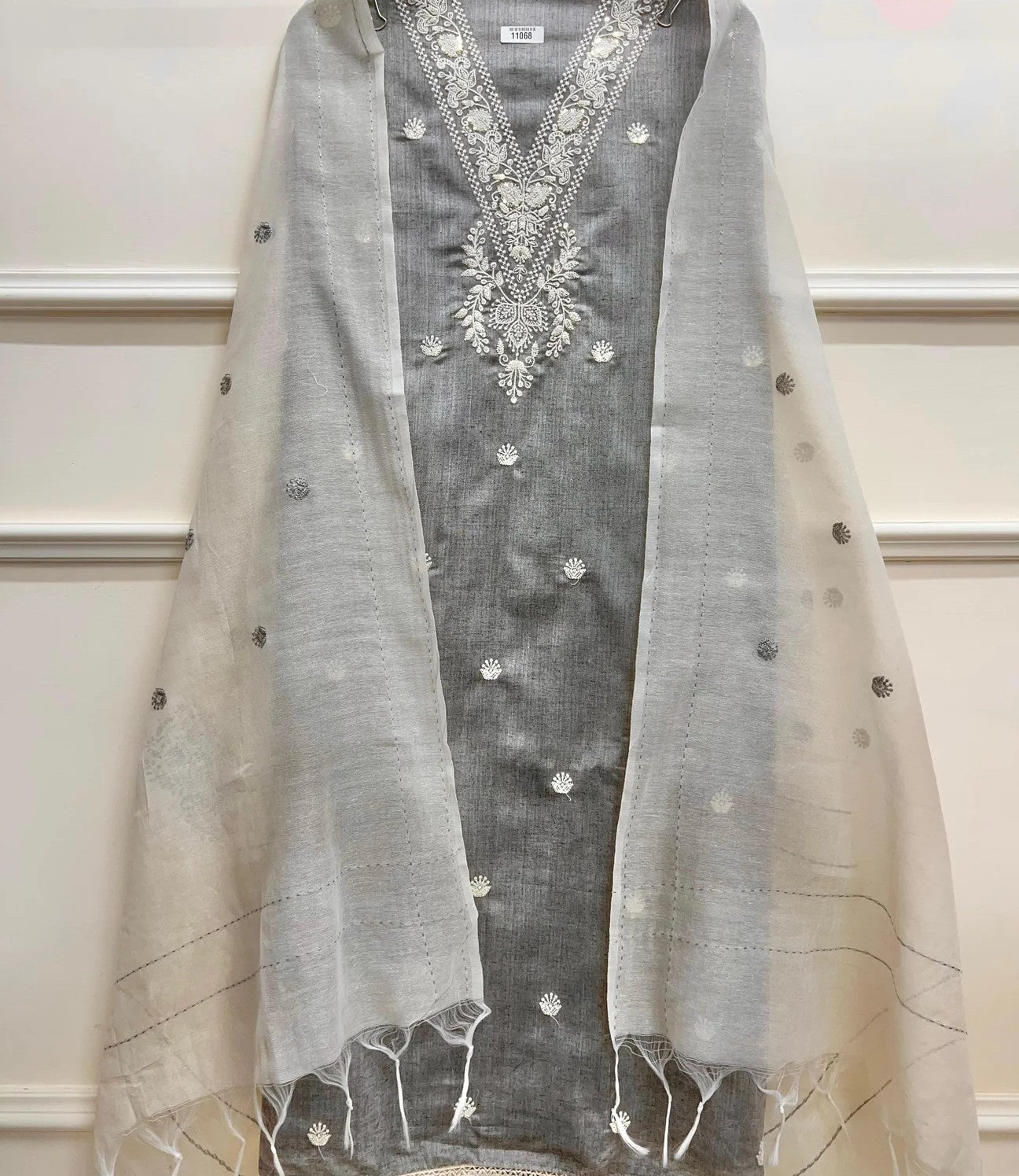 Grey Khadi Cotton Unstitched Embroidered -Set Of 3