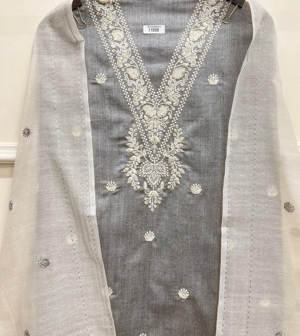 Grey Khadi Cotton Unstitched Embroidered -Set Of 3