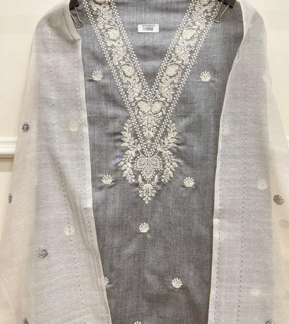 Grey Khadi Cotton Unstitched Embroidered -Set Of 3