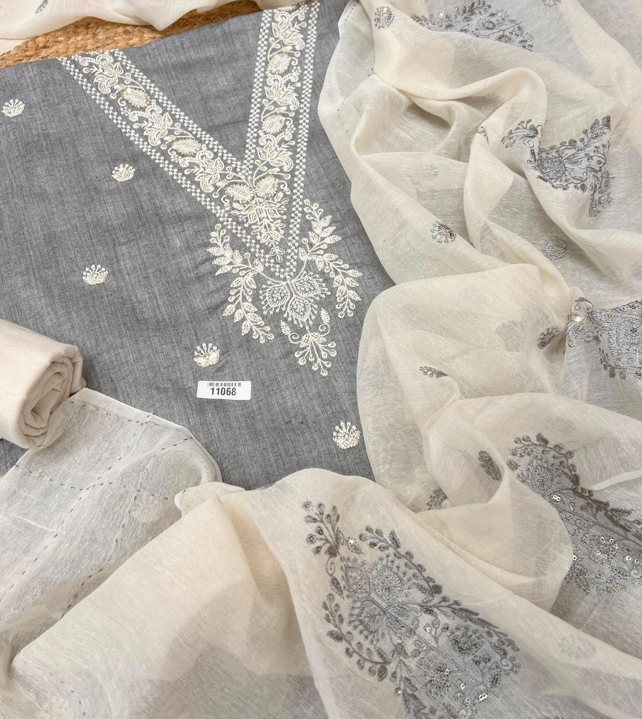 Grey Khadi Cotton Unstitched Embroidered -Set Of 3