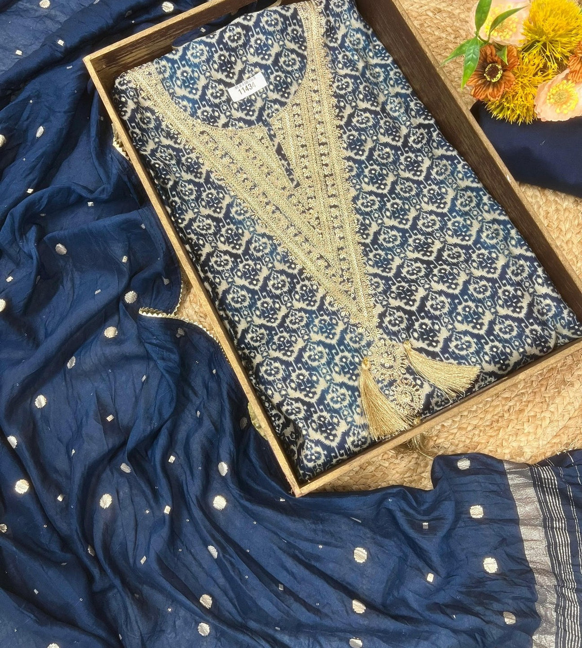 Deep navy Blue Modal Silk printed Unstitched Embroidered -Set Of 3