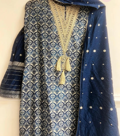 Deep navy Blue Modal Silk printed Unstitched Embroidered -Set Of 3