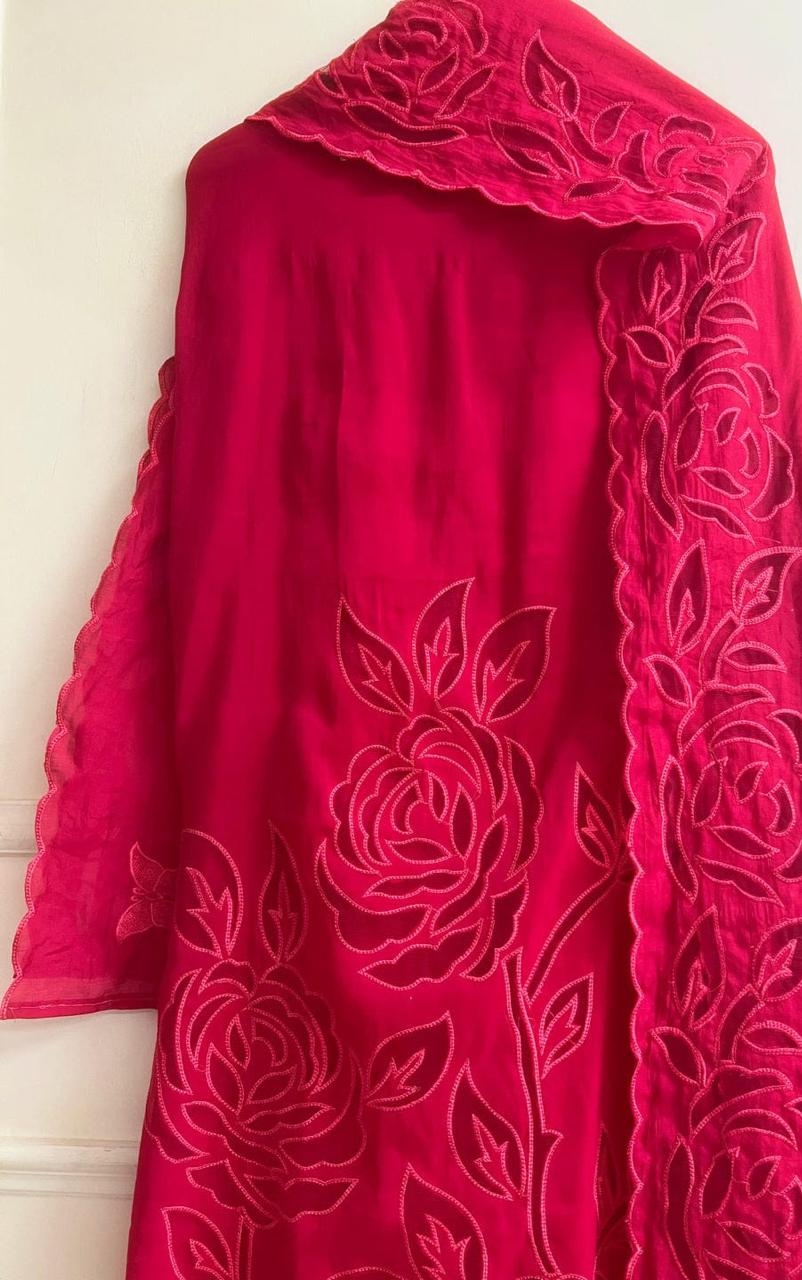 Deep Pink Mul Chanderi Embroidered Unstitched 3-Piece Suit