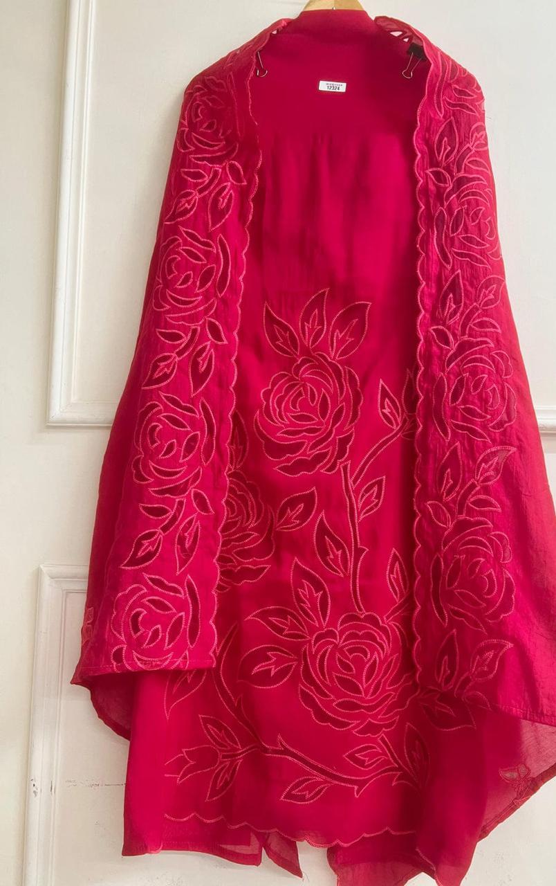 Deep Pink Mul Chanderi Embroidered Unstitched 3-Piece Suit