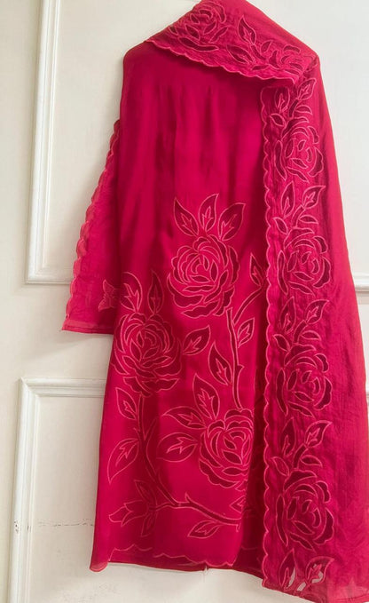 Deep Pink Mul Chanderi Embroidered Unstitched 3-Piece Suit