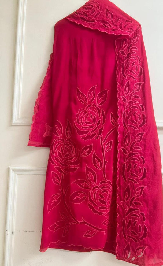 Deep Pink Mul Chanderi Embroidered Unstitched 3-Piece Suit