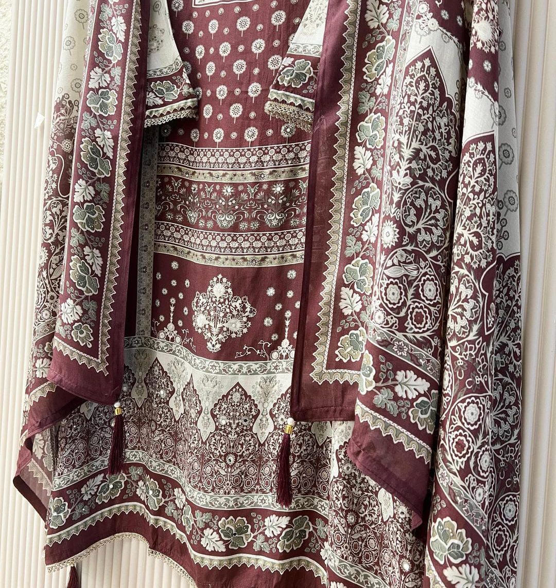 Maroon Muslin Printed Semi Stitched