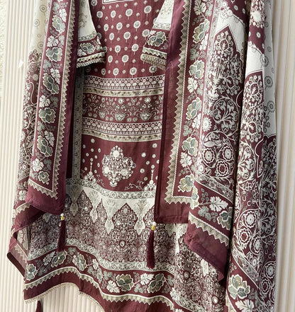 Maroon Muslin Printed Semi Stitched