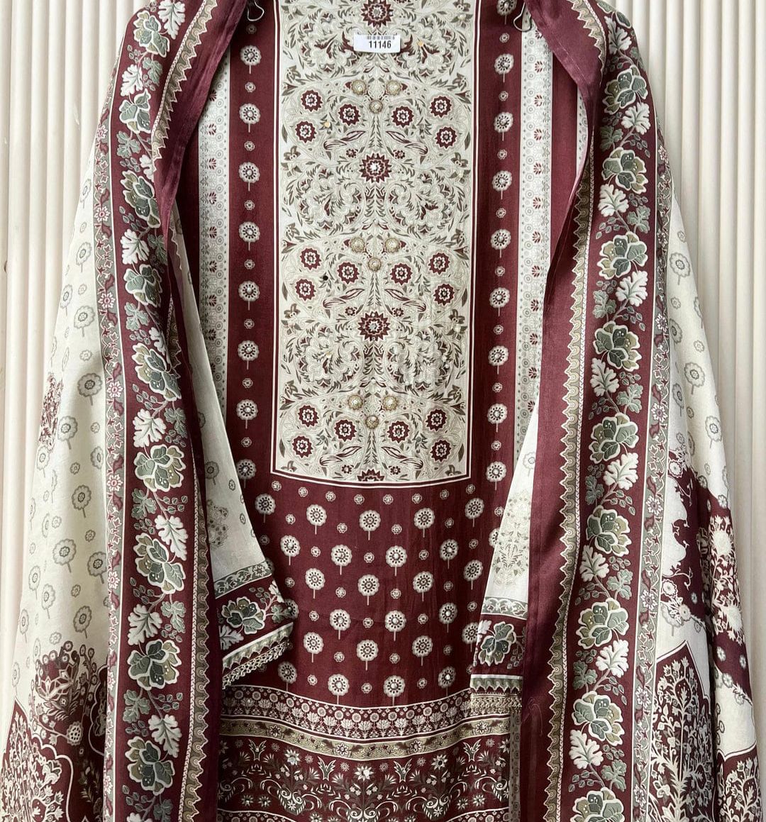 Maroon Muslin Printed Semi Stitched