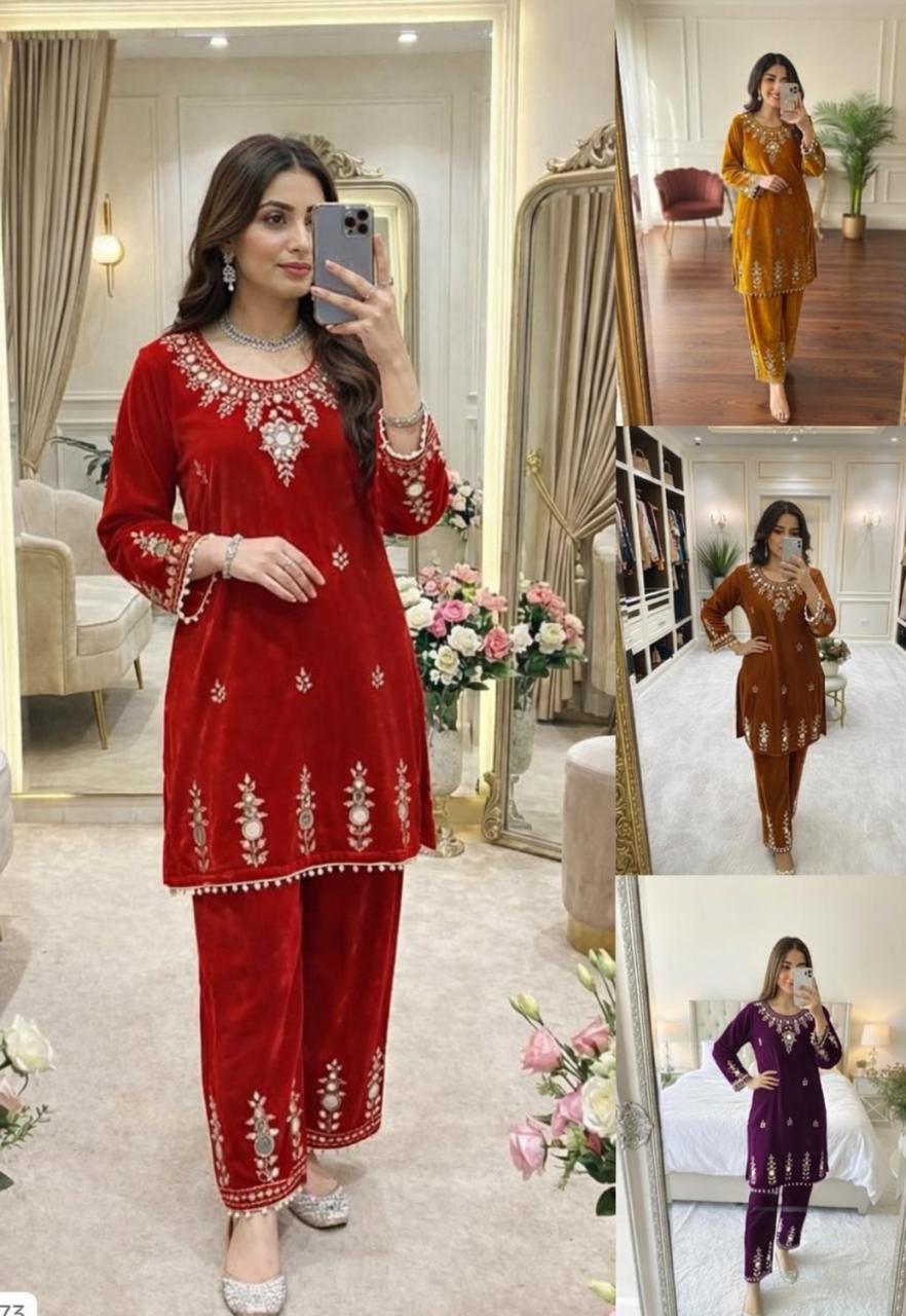 red VELVET DESIGNER WEAR 2pcs suit SET WITH EMBROIDERY AND REAL MIRROR WORK❤️*
