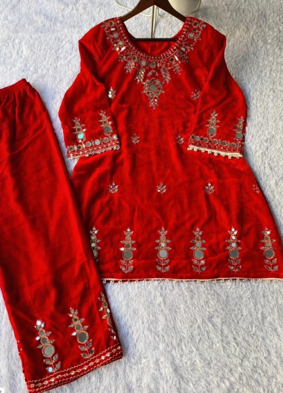 red VELVET DESIGNER WEAR 2pcs suit SET WITH EMBROIDERY AND REAL MIRROR WORK❤️*
