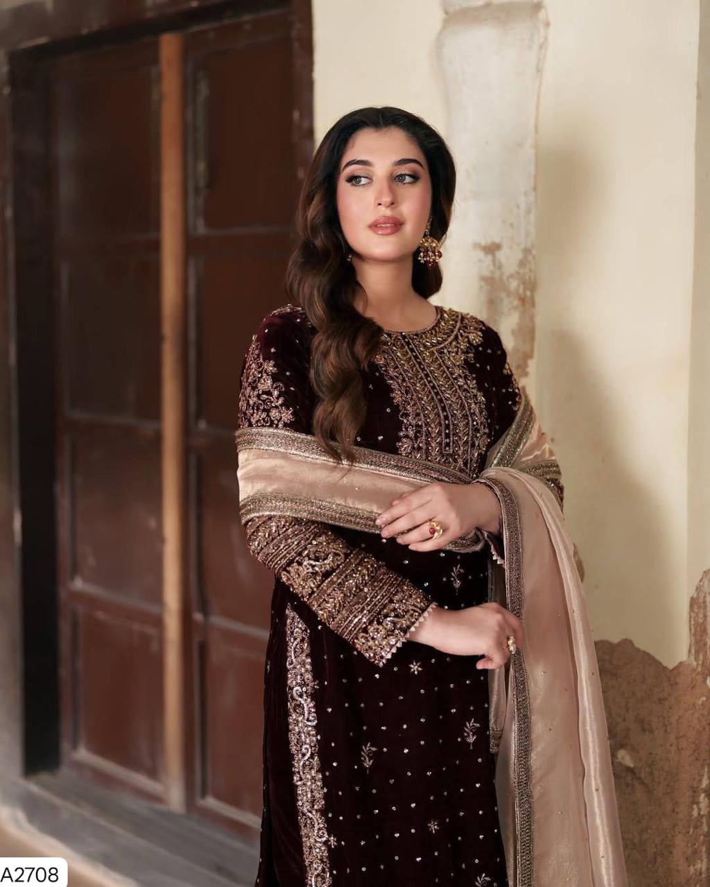 Red VELVET DESIGNER WEAR KURTA PLAZZO PAIR WITH SEQUENCE EMBROIDERY WORK❤️