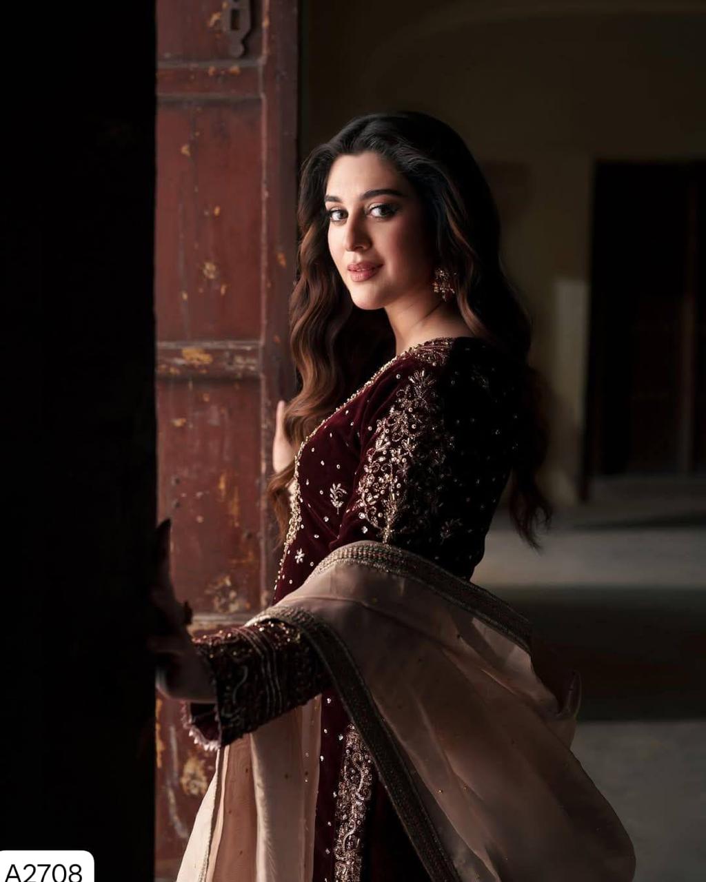 Red VELVET DESIGNER WEAR KURTA PLAZZO PAIR WITH SEQUENCE EMBROIDERY WORK❤️