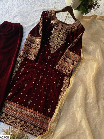 Red VELVET DESIGNER WEAR KURTA PLAZZO PAIR WITH SEQUENCE EMBROIDERY WORK❤️