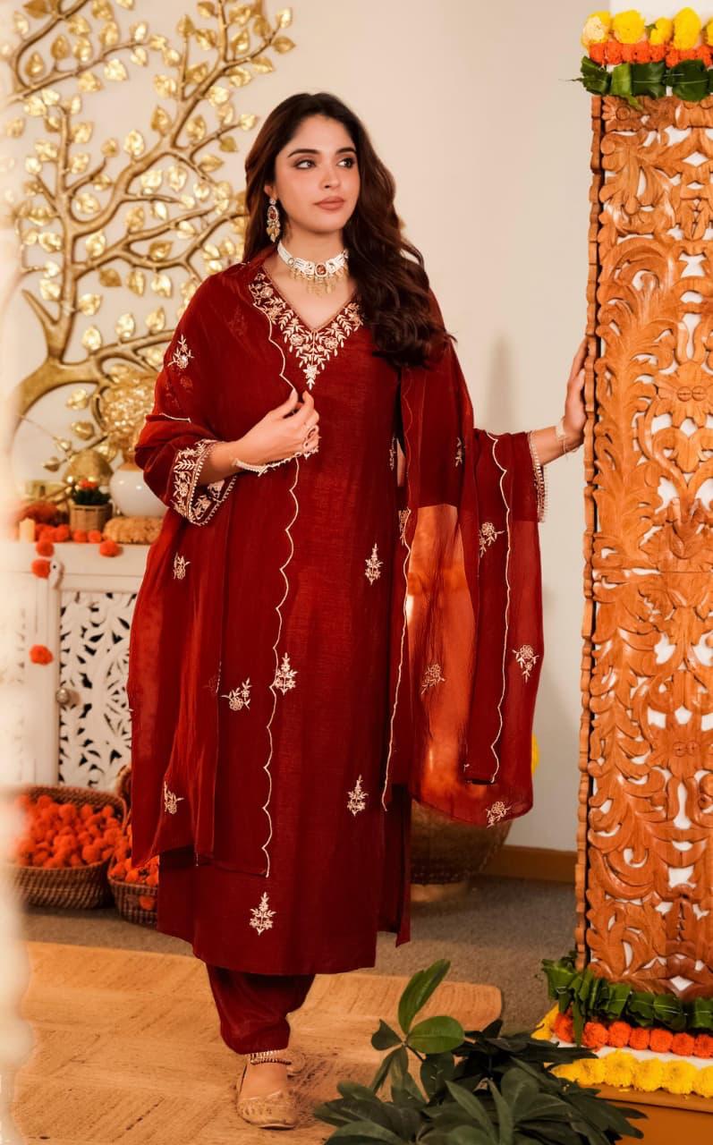 Red Silk Suit Set.