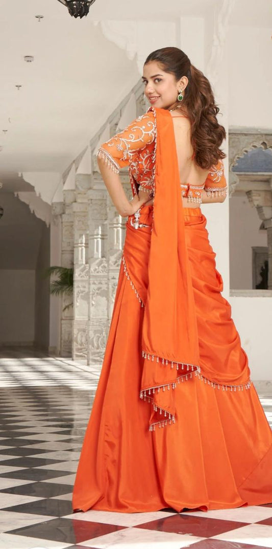 Orange designer pre-draped saree