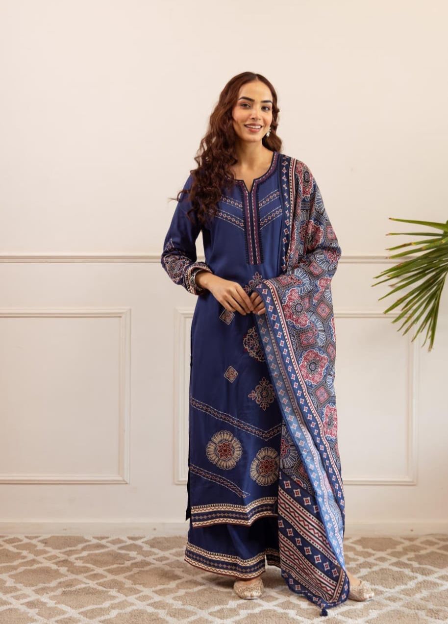 Blue Navy Ornate Reyon 3-Piece Set