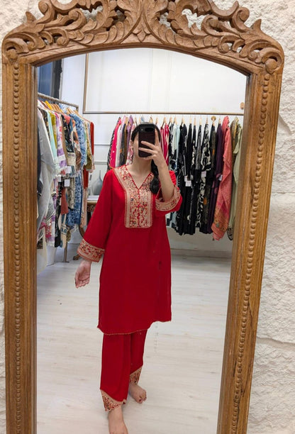Red Embroidered Kurta Set Crafted From Soft german Reyon Fabric
