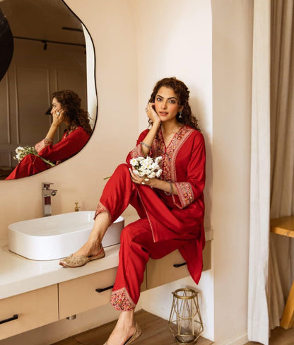 Red Embroidered Kurta Set Crafted From Soft german Reyon Fabric