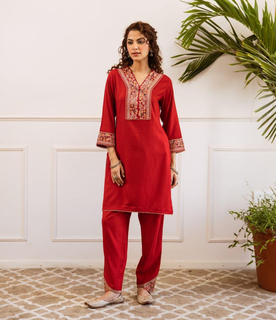 Red Embroidered Kurta Set Crafted From Soft german Reyon Fabric