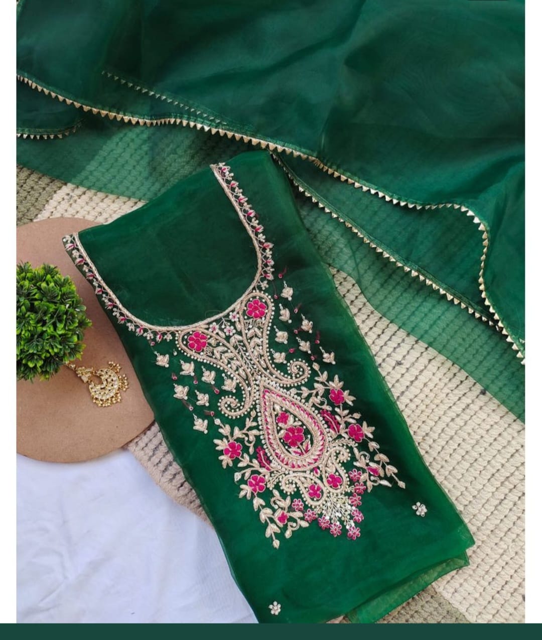 Organza Blue Orange Green handwork unstitched suit set