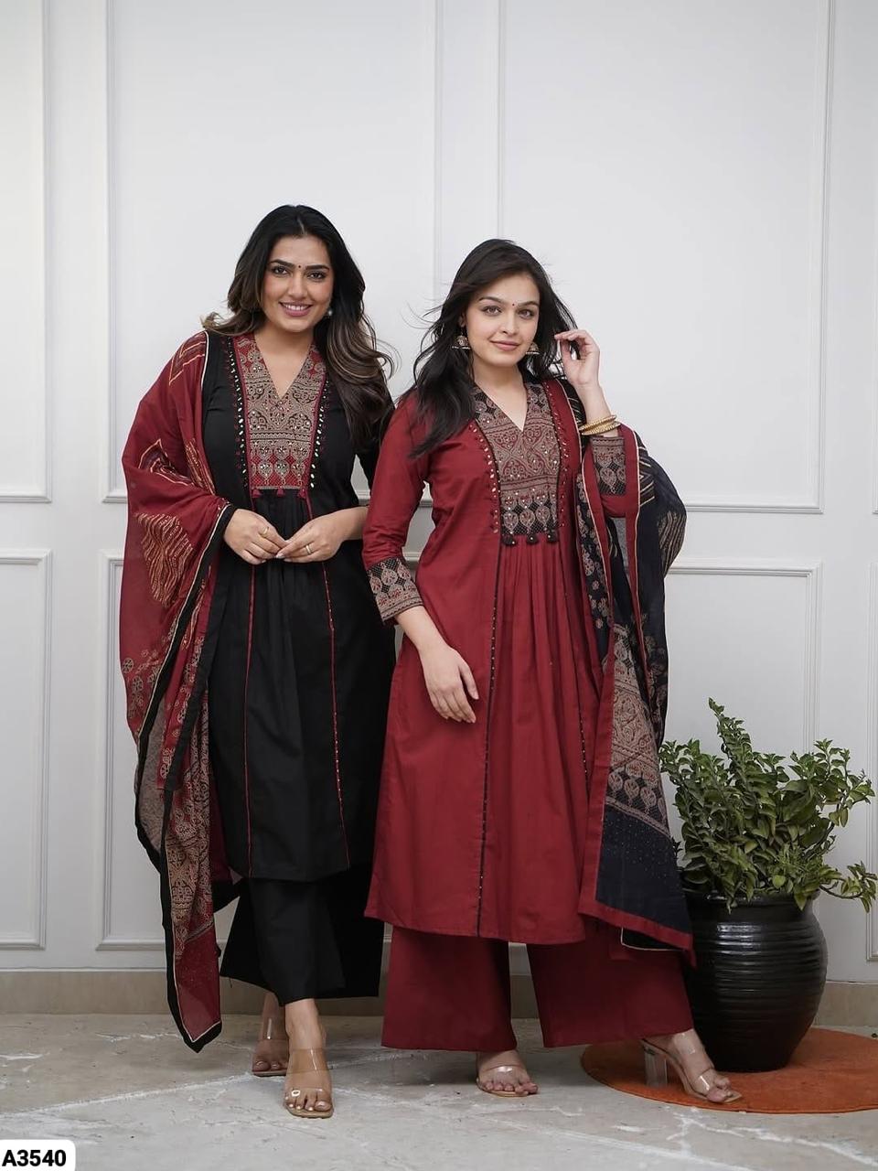 Black Red Cotton Suit Set