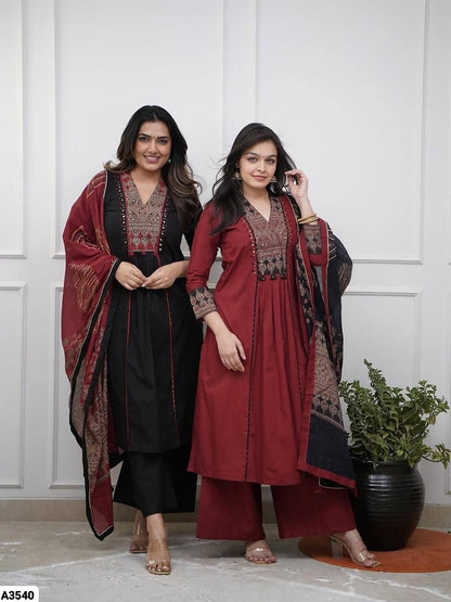 Black Red Cotton Suit Set
