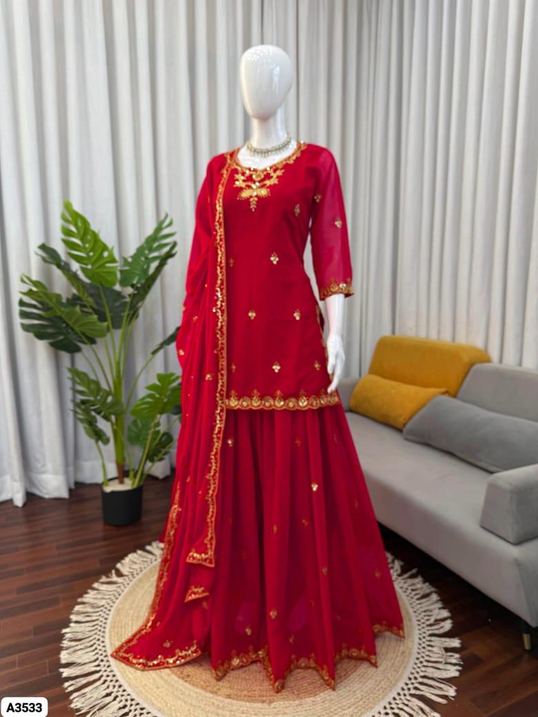 Red embroidered sharara set