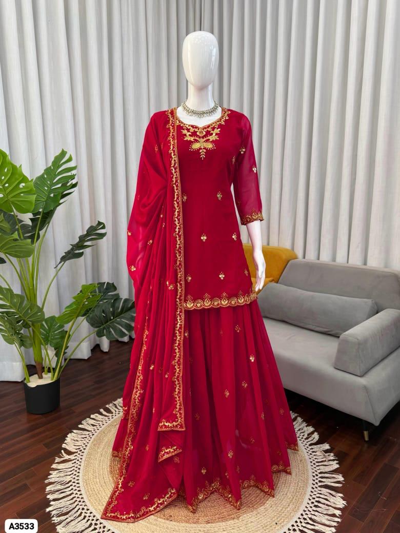 Red embroidered sharara set