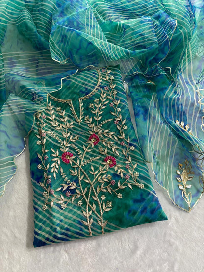 Organza Lehriya Multicolor handwork Unstitched Suit Set