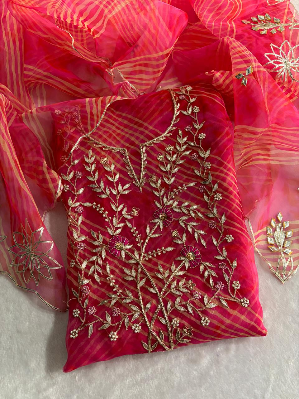 Organza Lehriya Multicolor handwork Unstitched Suit Set