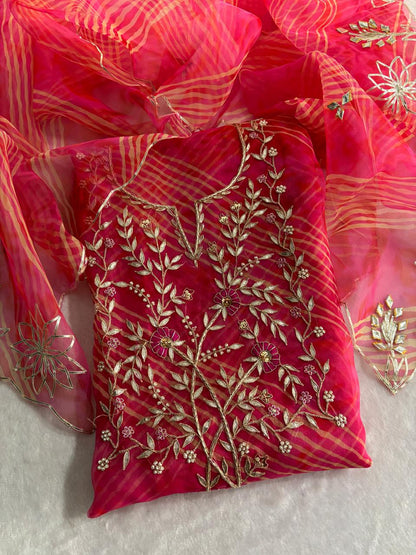 Organza Lehriya Multicolor handwork Unstitched Suit Set