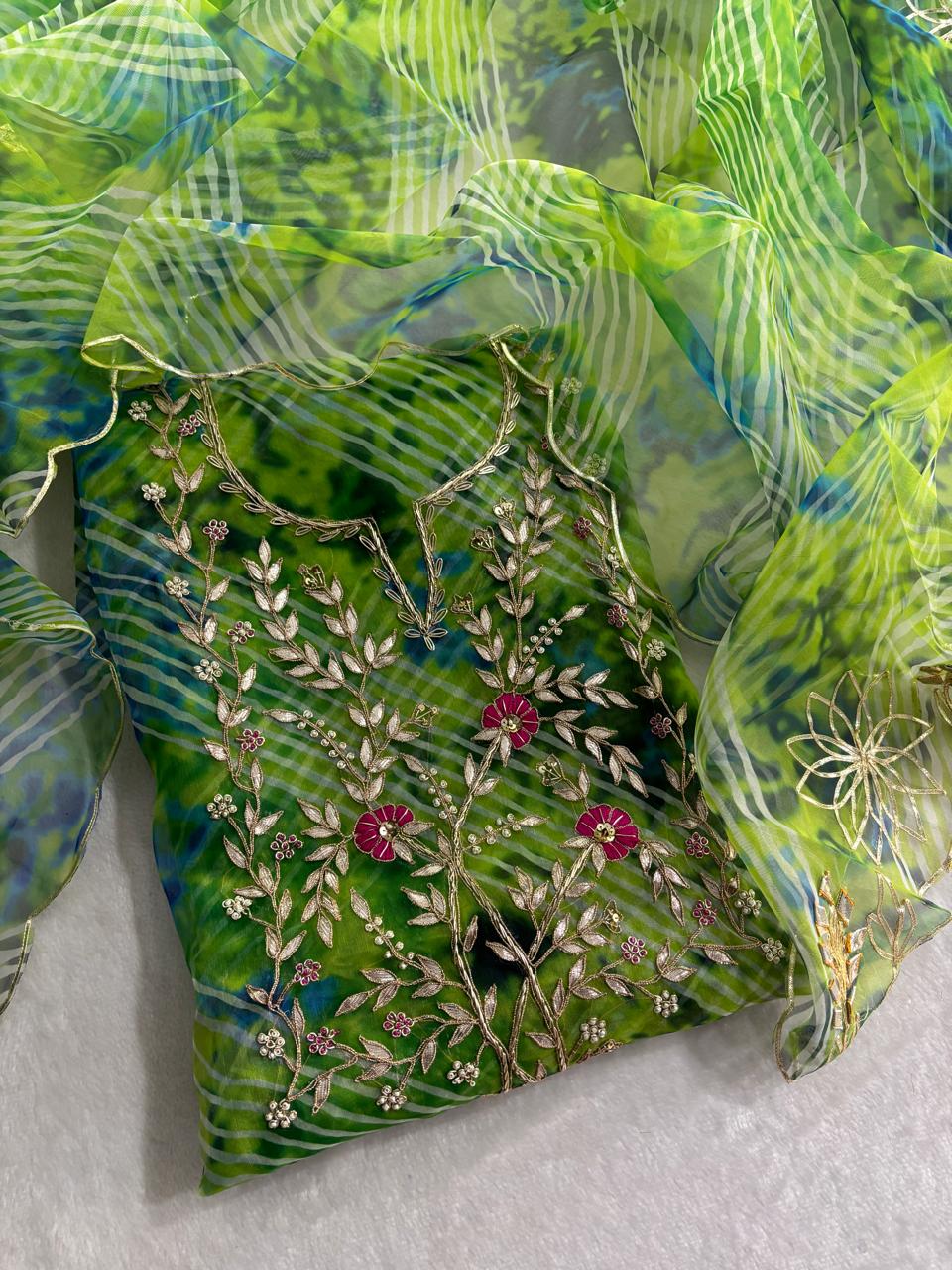 Organza Lehriya Multicolor handwork Unstitched Suit Set