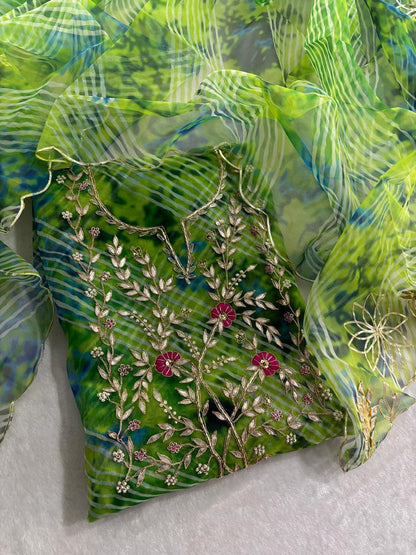 Organza Lehriya Multicolor handwork Unstitched Suit Set