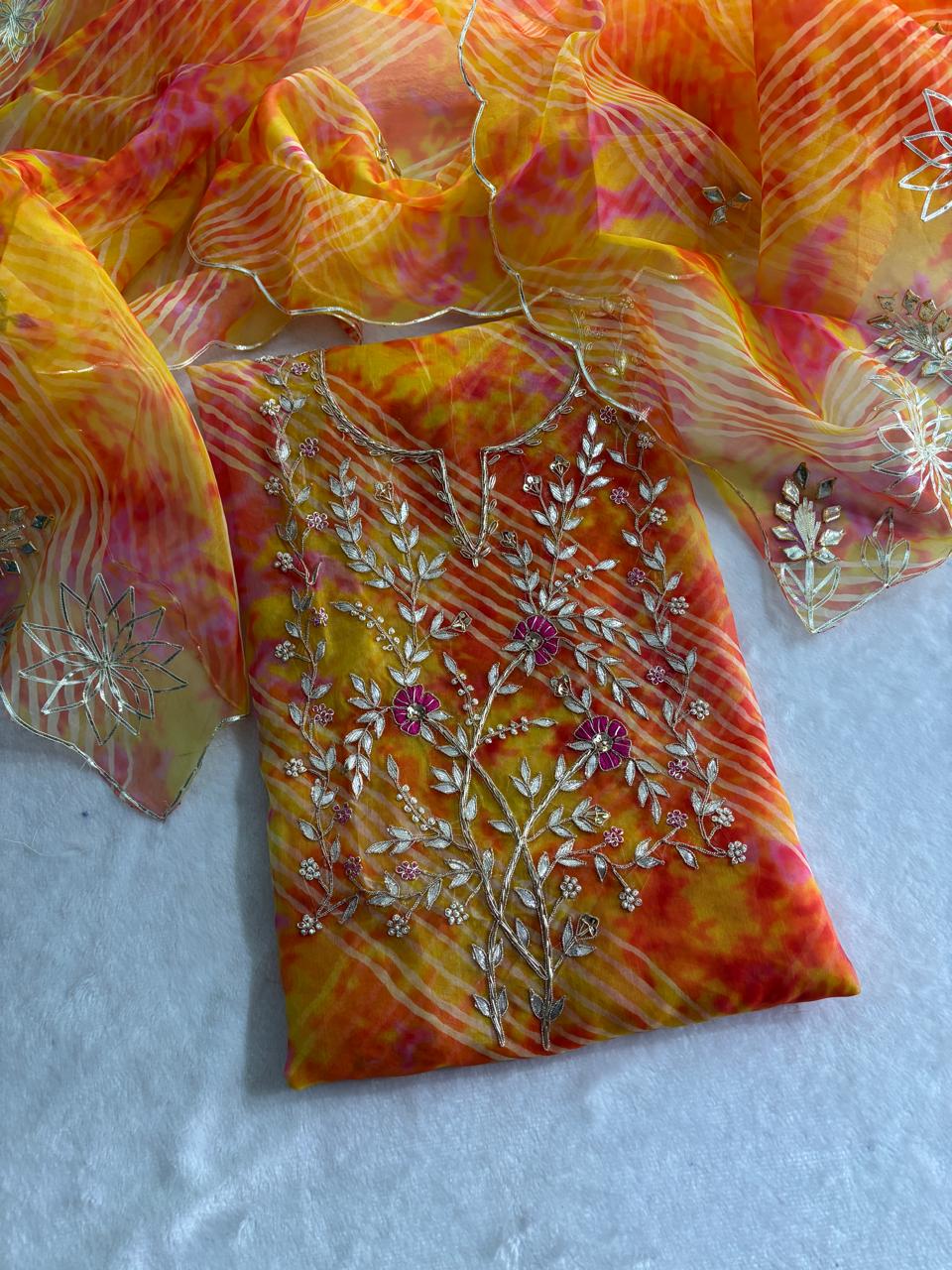 Organza Lehriya Multicolor handwork Unstitched Suit Set