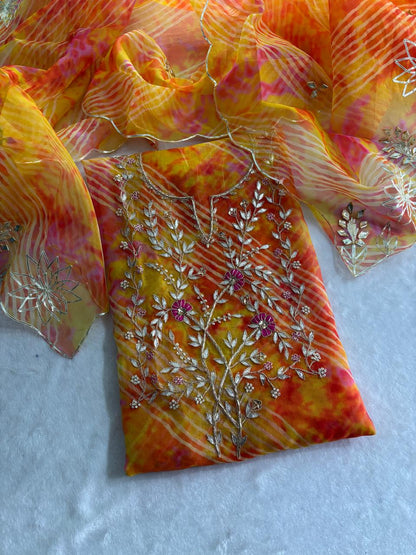 Organza Lehriya Multicolor handwork Unstitched Suit Set