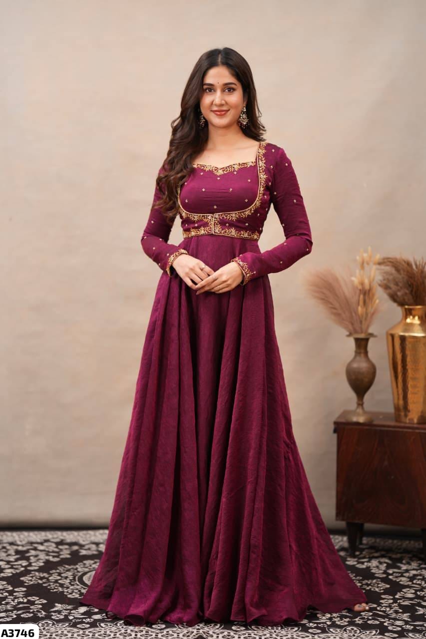 Wine and golden embroidered Gown