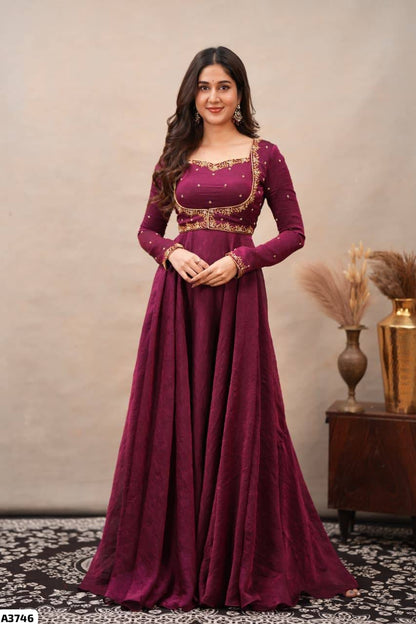 Wine and golden embroidered Gown