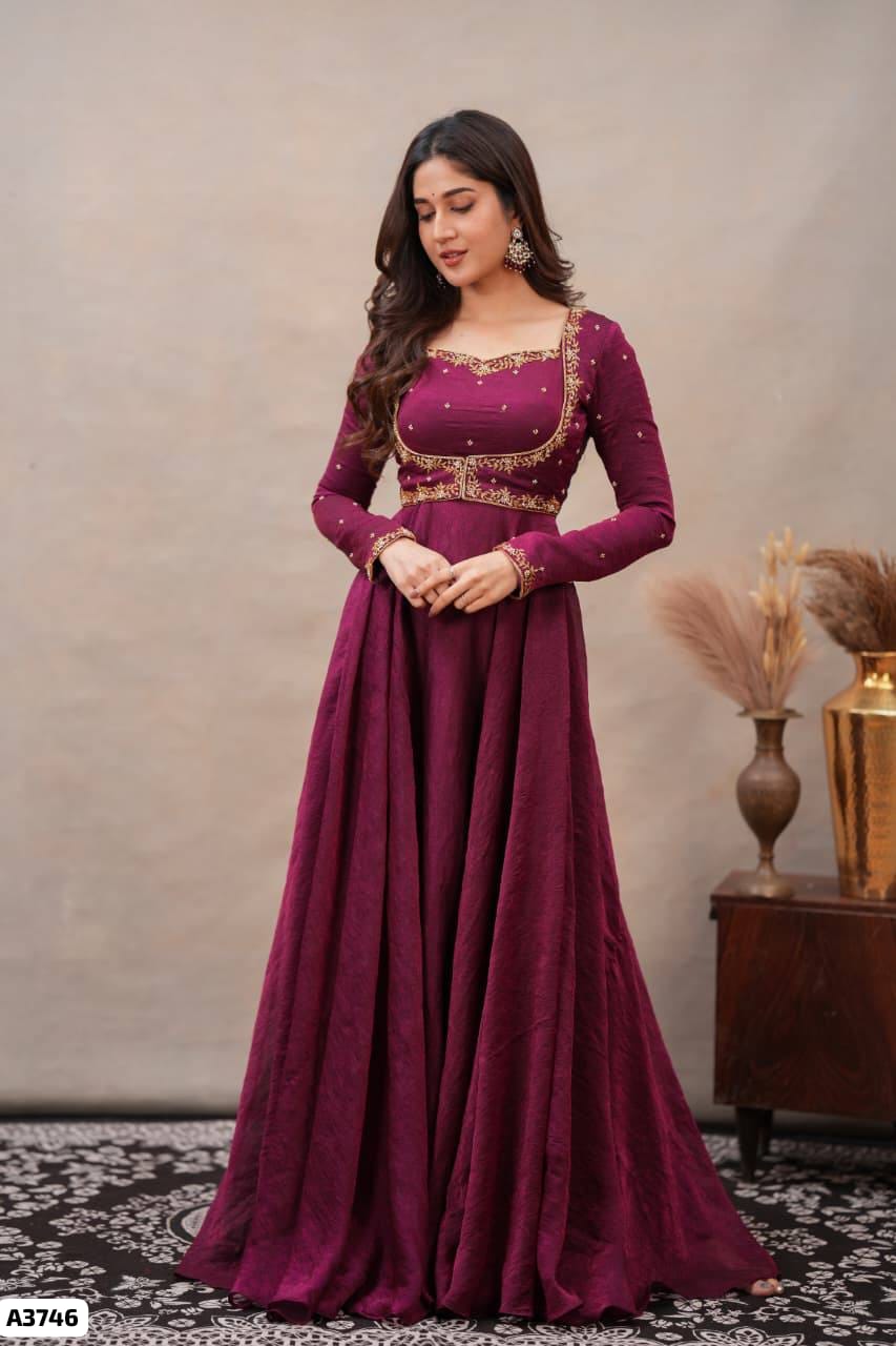 Wine and golden embroidered Gown