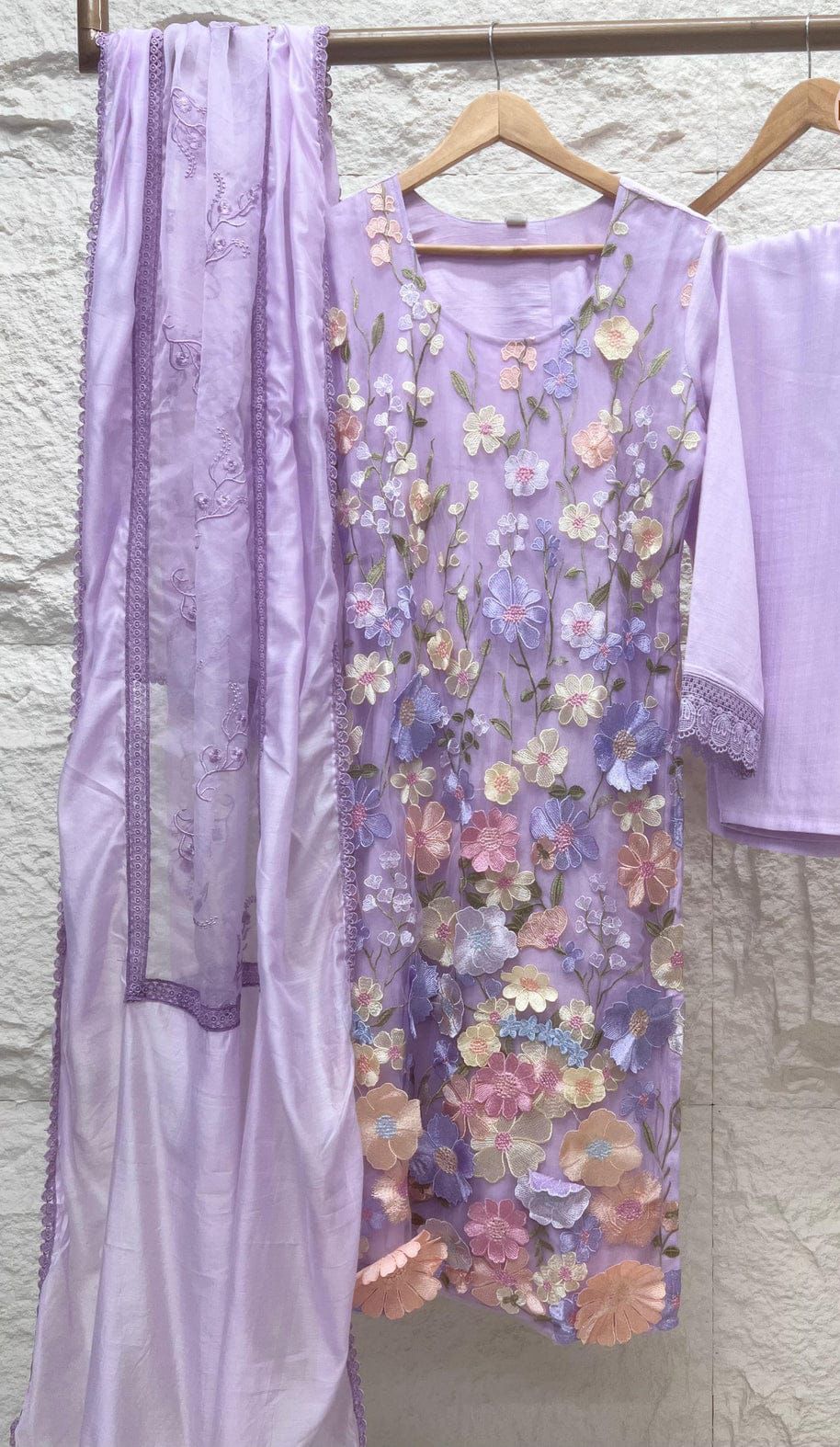 Light Purple Slub Cotton Stitched Embroidered -Set Of 3&nbsp;