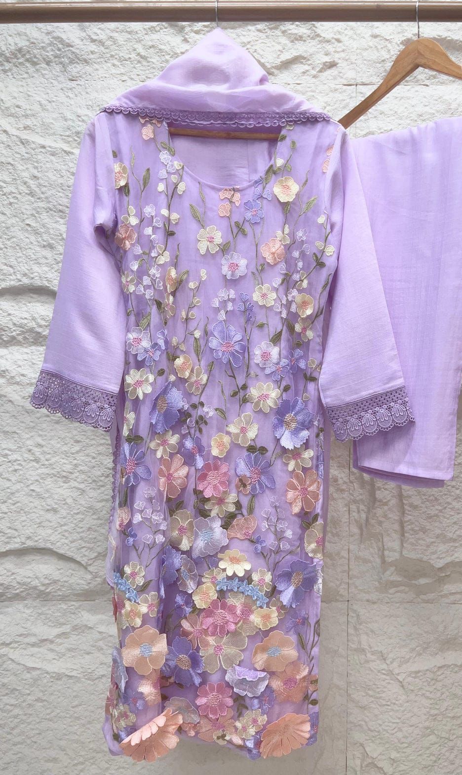 Light Purple Slub Cotton Stitched Embroidered -Set Of 3&nbsp;