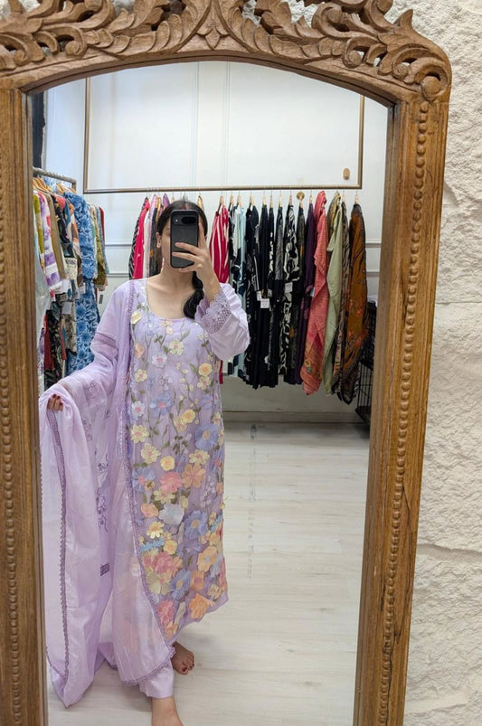 Light Purple Slub Cotton Stitched Embroidered -Set Of 3&nbsp;