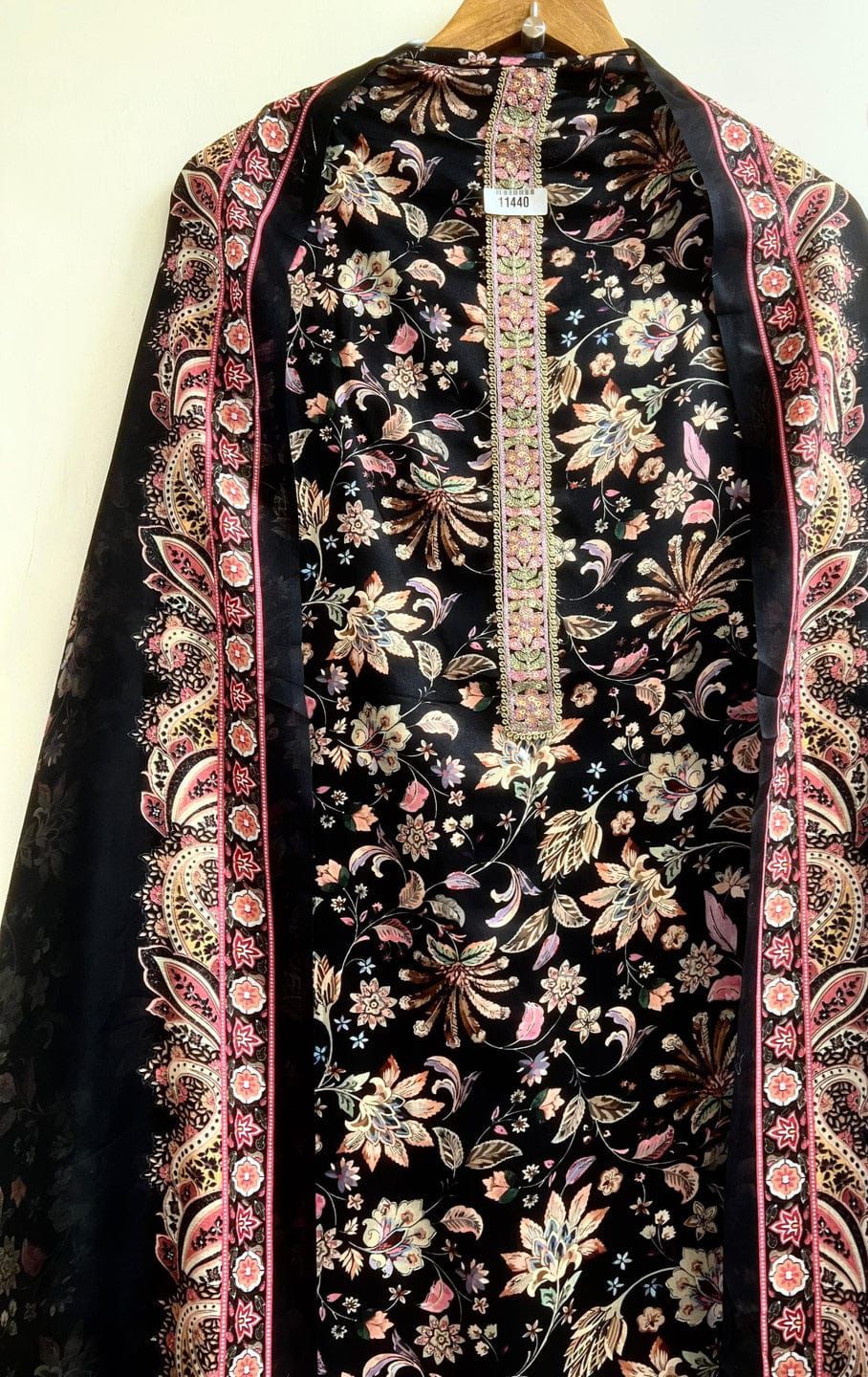 Black Cotton printed unstitched suit set