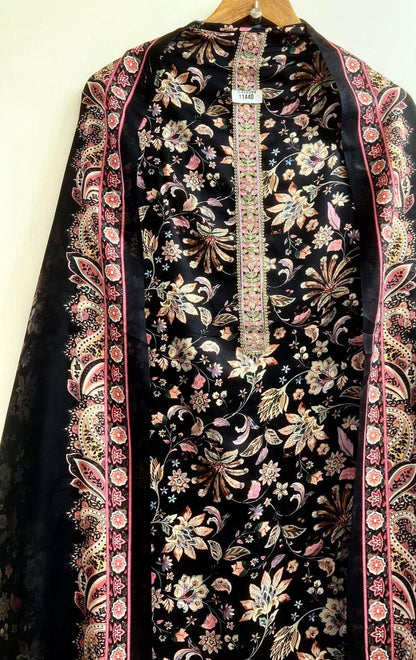 Black Cotton printed unstitched suit set