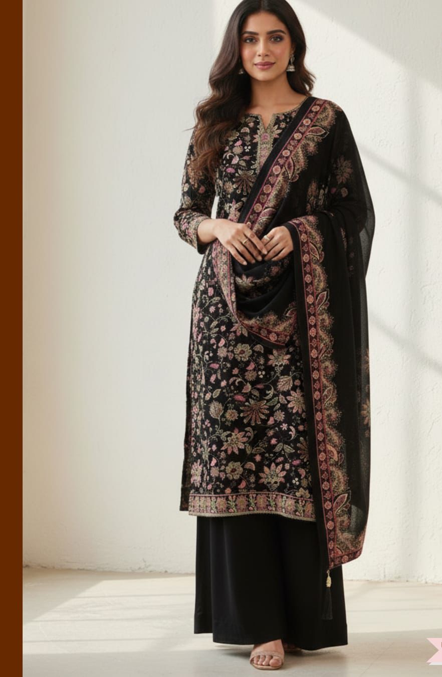 Black Cotton printed unstitched suit set