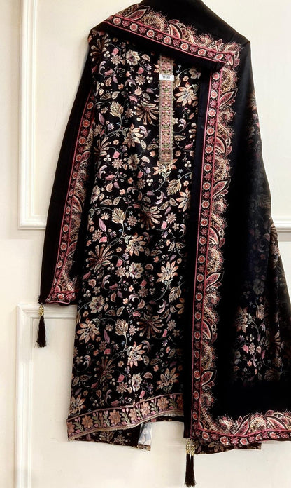 Black Cotton printed unstitched suit set