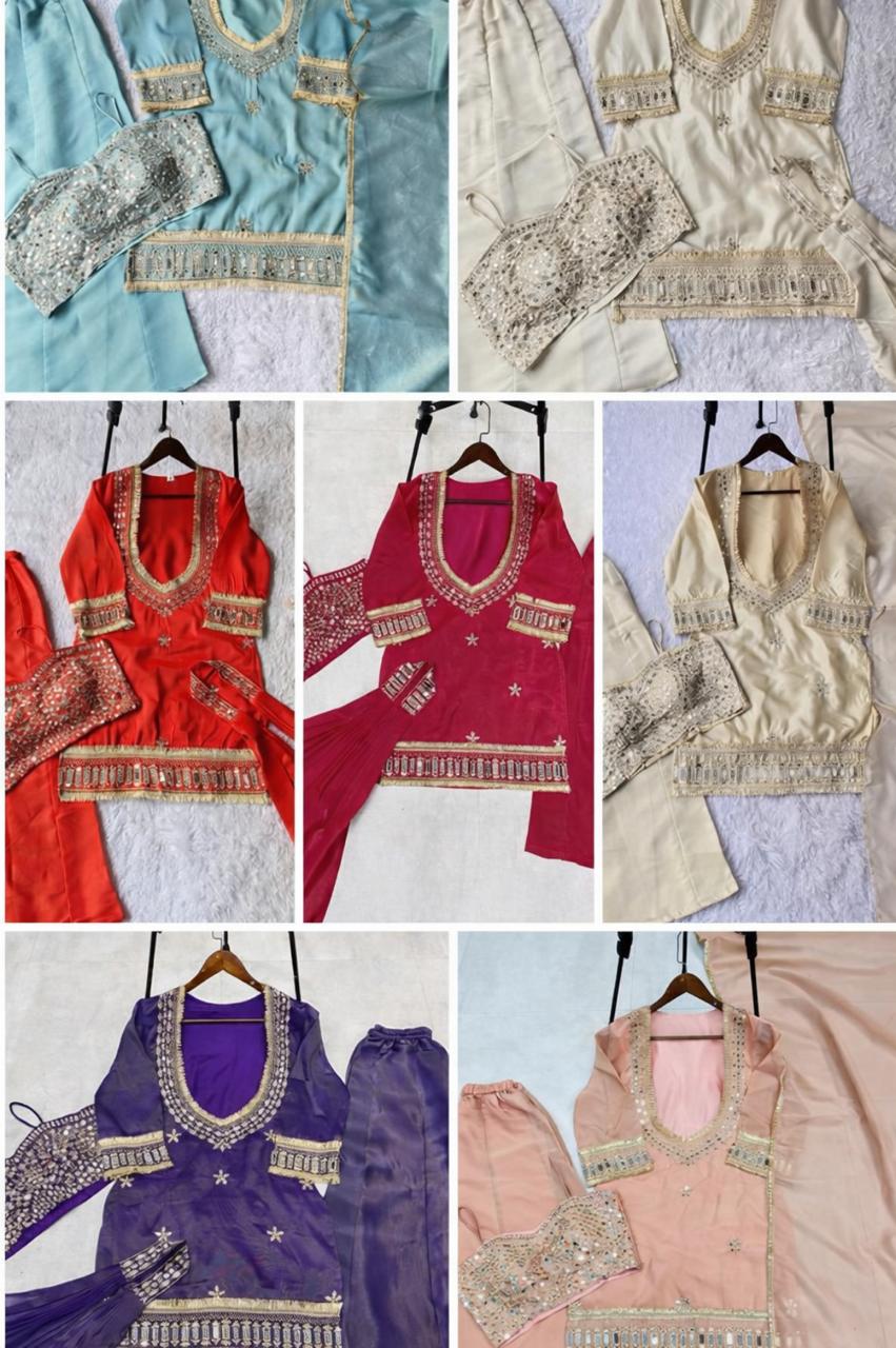 4 PIECE PLAZZO PAIR WITH REAL MIRROR AND EMBROIDERY WORK