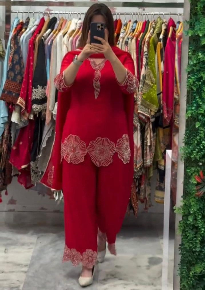 Red Orange Beads Worked Sharara Suit Set