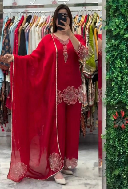 Red Orange Beads Worked Sharara Suit Set